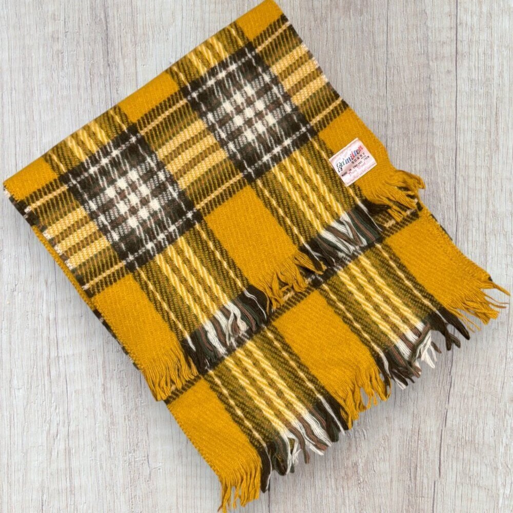 Vintage Hamilton England Wool Tartan Scarf Mustard Green Plaid Fringe Womens